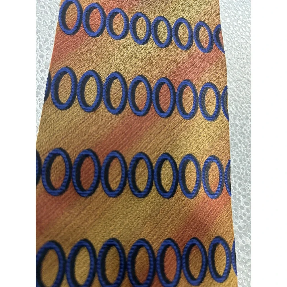 Vintage 100% Pure Silk Necktie Gold Rust Orange Navy Blue Geometric Oval Pattern